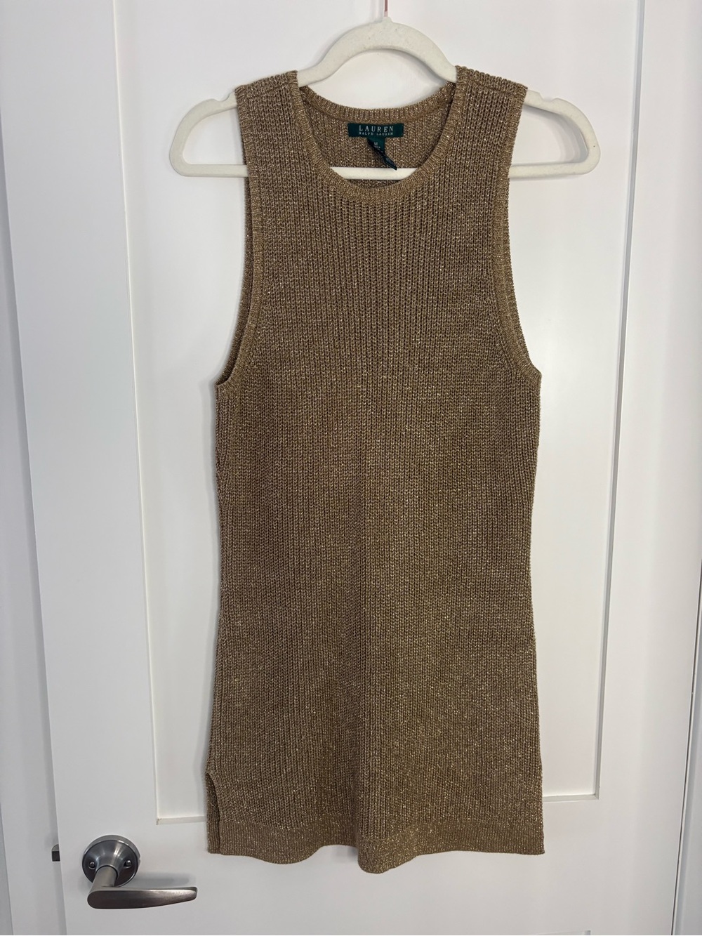 Lauren Ralph Lauren Gold Metallic Knit Sleeveless Sweater Mini Dress Sz M